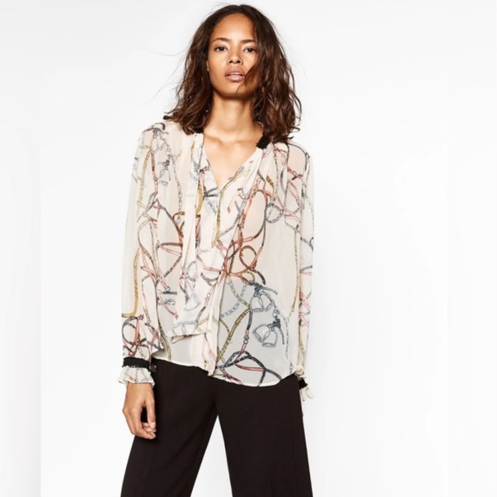 NWT Zara | Women’s Cream Semi-Sheer Equestrian Chain Print Tie Neck Blouse Sz S